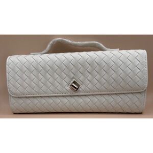 Few Moda East West Clutch Woven Faux Leather White Gold Turn Lock Crossbody Bag